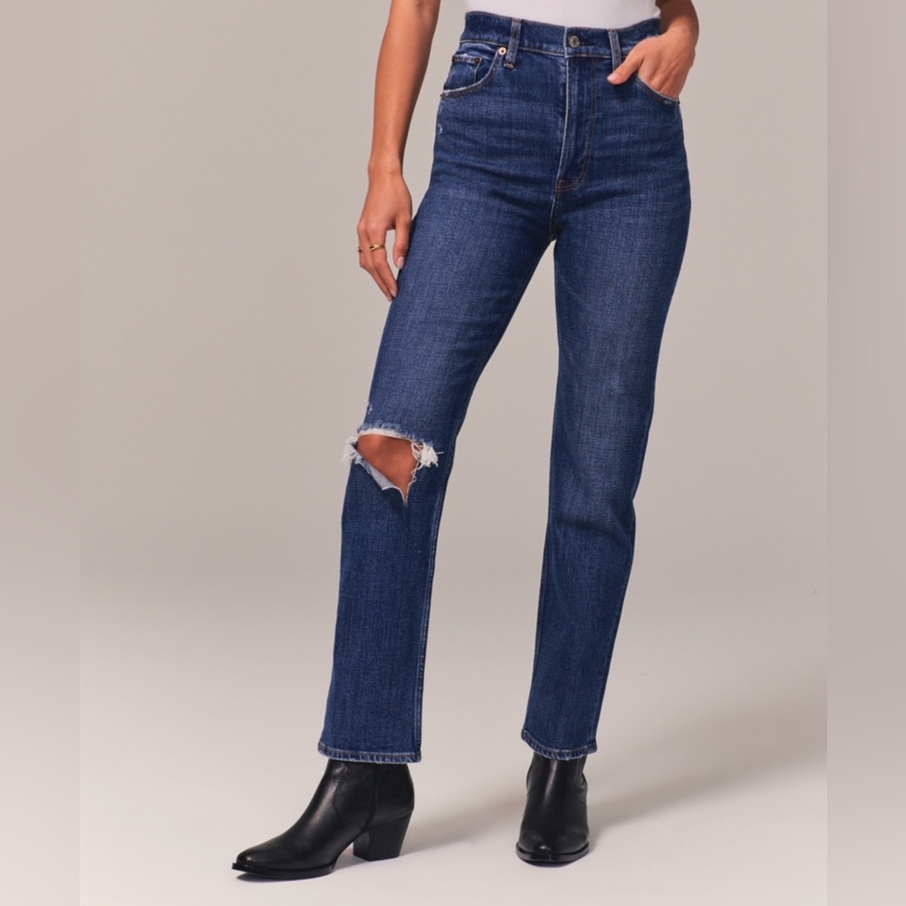 Abercrombie & Fitch High-Rise Dark Blue Straight Jeans with Knee Rip